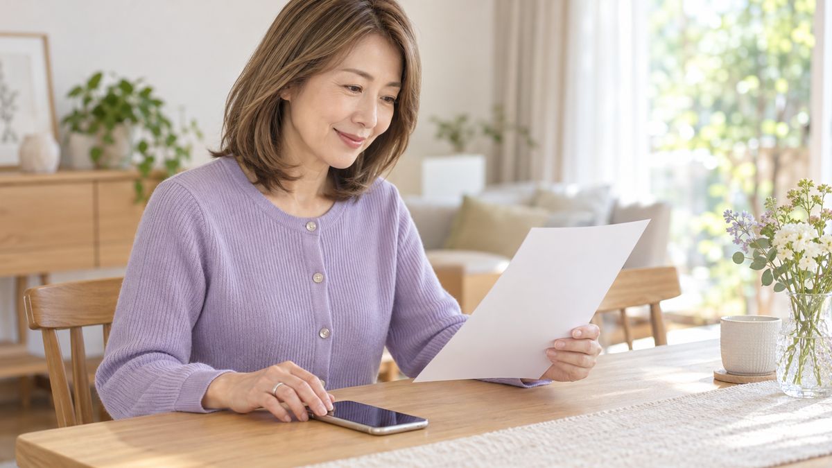 ダイニングテーブルで説明書を見ながらスマートフォンに手を添える女性