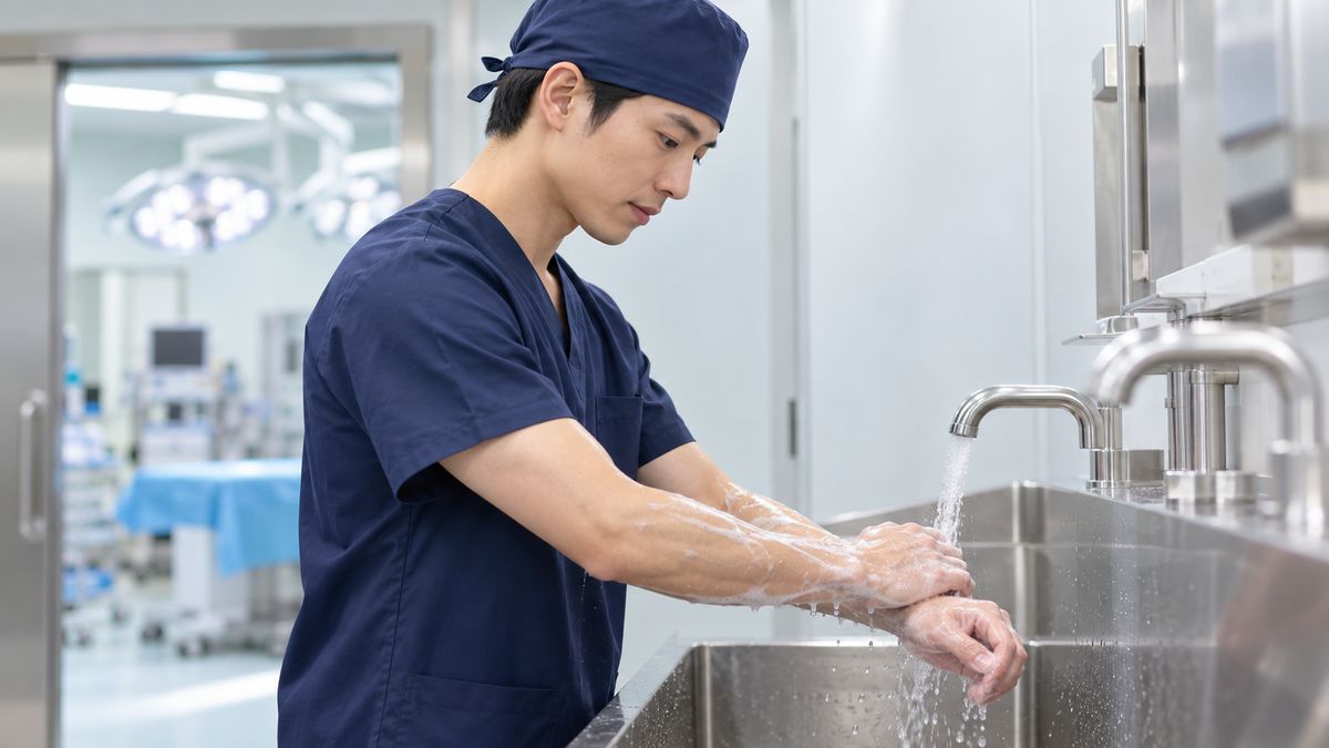 手術室の前の手洗い場で手を洗う手術帽の男性医師
