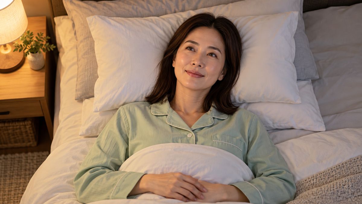 枕を重ねて頭を高くしベッドで休む女性