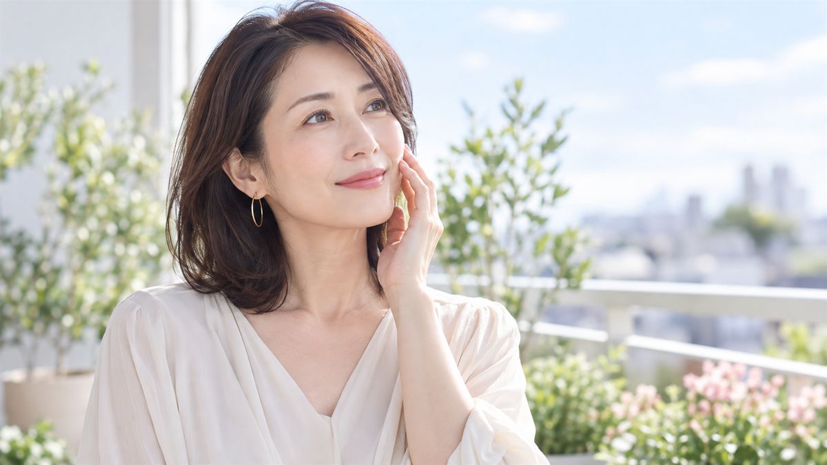 バルコニーで頬に手を添えて微笑む女性