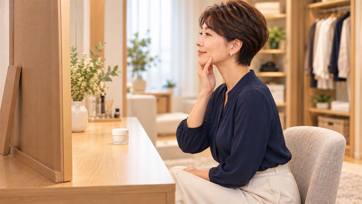 クローゼットのそばでいすに座りあごに手を添えて横を向く女性