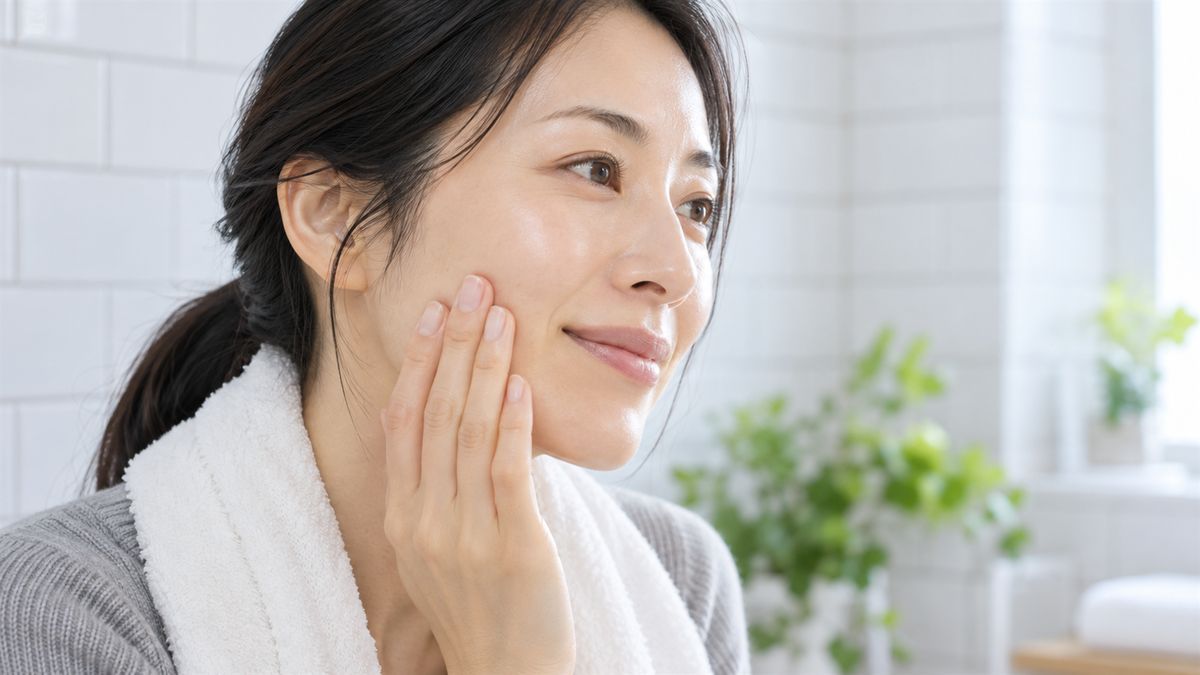 洗面所で肩にタオルをかけ指先で頬の肌に触れる女性