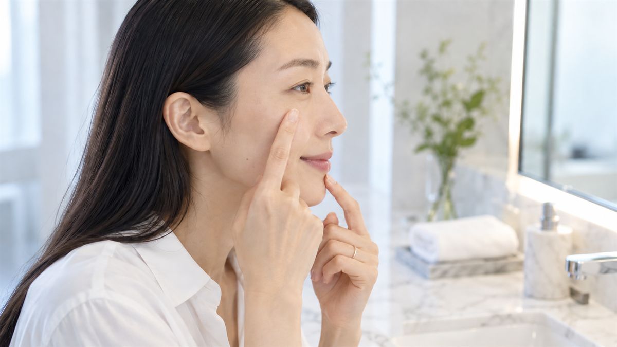 目の下と口元に指先を当てる女性の横顔