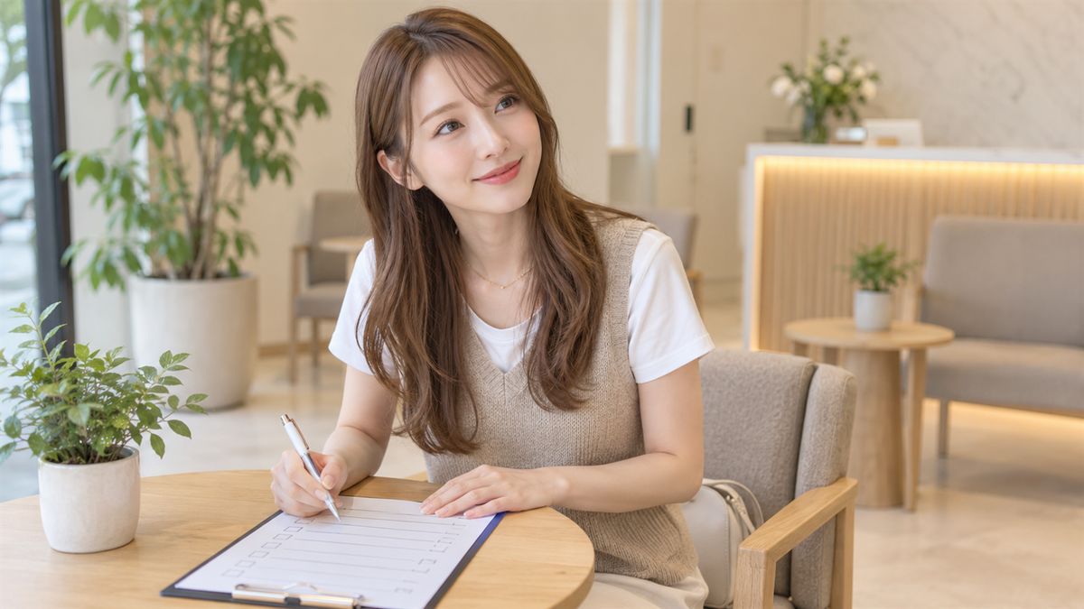 待合のテーブルで問診票に記入する女性
