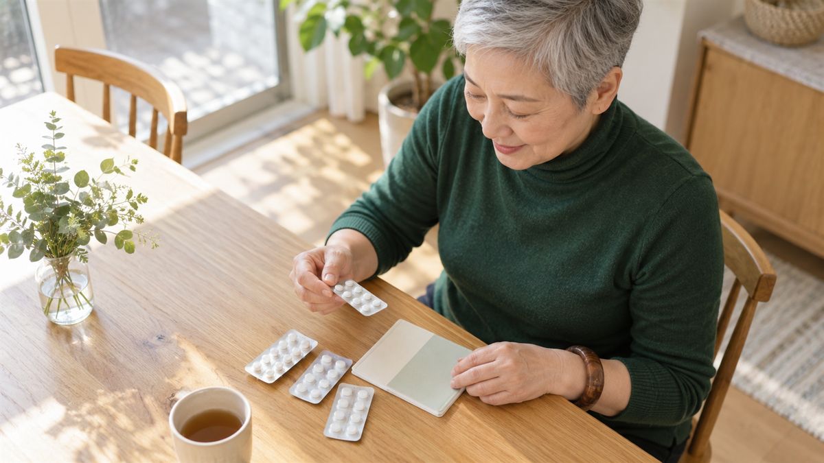 ダイニングテーブルでお薬手帳と薬を確かめる女性