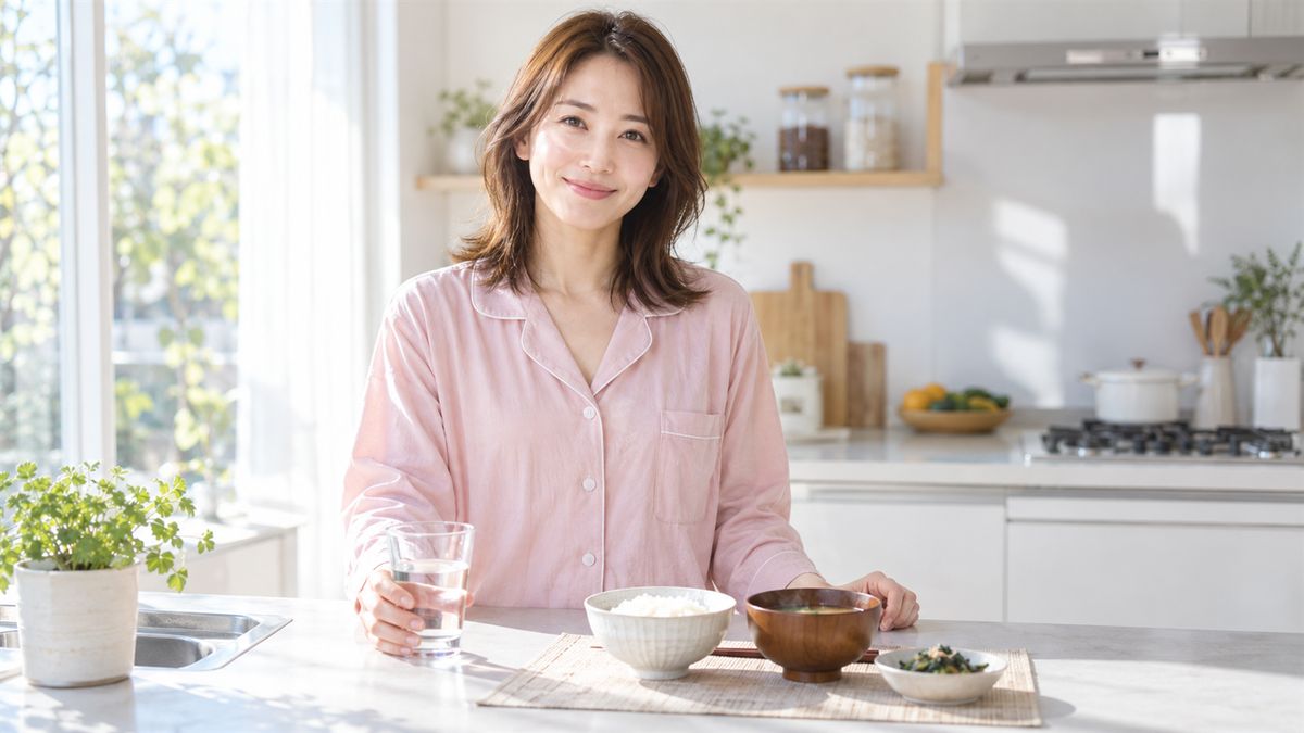 朝食と水のグラスを前に微笑む女性