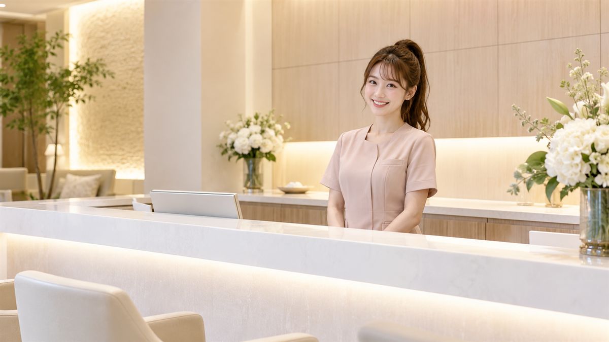 受付カウンターの内側で微笑む制服姿のスタッフ